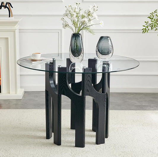 Glass Round Dining Table for 4 6 Person, 46 Inch Glass Kitchen Dining Room Table with Wooden Black Pedestal Base,Modern Circle Clear Glass Top Dinner Table for Small Spaces Home/Apartment