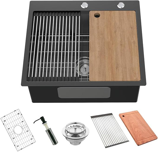 Black Kitchen Sink Workstation, 25x22 Inch Stainless Steel Drop In Modern Large Single Bowl Workstation Sink Accessory Combo-SS Grid,Drying Rack,Cutting Board,Soap Dispenser, Drain Strainer Set
