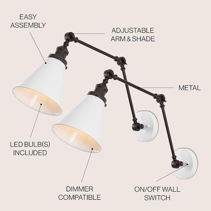JONATHAN Y 7" White/Oil Rubbed Bronze Classic Industrial Metal Adjustable Arm LED Wall Sconce for Bedside Reading, Farmhouse Swing Arm Wall Lamp with Metal Shade, Hardwired (JYL7462C-SET2)