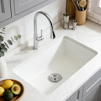 MILOSEN White Undermount Kitchen Sink, 30"x18" Granite Composite Single Bowl Kitchen Sinks, 9" Deep Large Undermount/Drop In Sink with Accessories, White Quartz Kitchen Sinks for Modern Kitchen