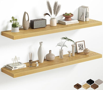 Oak Floating Shelves for Wall, 55 Inch Floating Shelves Set of 2, Wall Mounted Rustic Wood Shelf for Bathroom, Living Room, Bedroom and Kitchen, Hanging Shelf for Storage, Books, Home Decor