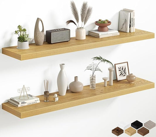 Oak Floating Shelves for Wall, 55 Inch Floating Shelves Set of 2, Wall Mounted Rustic Wood Shelf for Bathroom, Living Room, Bedroom and Kitchen, Hanging Shelf for Storage, Books, Home Decor