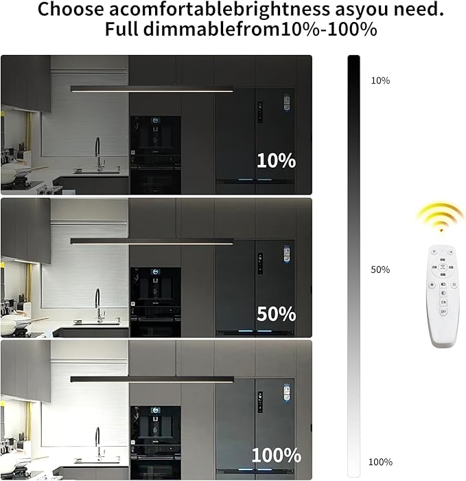 LED Linear Pendant Light Fixtures, 47'' Black Dimmable Island Light with Remote, 3000k-6000K Adjustable Color Temperature, Aluminum Chandelier Lamp Fixture for Kitchen, Dining Room, study room