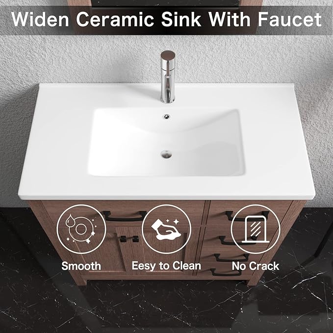 35.83"L×18.31"W×6.69"H Drop-In Rectangular Ceramic Bathroom Vanity Sink Top – White Integrated Overflow Sink with Single Hole Faucet & Pop-Up Drain Assembly