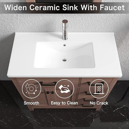 35.83"L×18.31"W×6.69"H Drop-In Rectangular Ceramic Bathroom Vanity Sink Top – White Integrated Overflow Sink with Single Hole Faucet & Pop-Up Drain Assembly