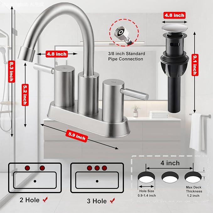 IKEBANA Brushed Nickel Bathroom Faucet, 2 Handle Bathroom Sink Faucets Centerset, 360° Swivel High-Arc Spout Modern 4 inch Bath Faucet Lead-Free for Vanity Lavatory with Pop-up Drain & Water Hoses