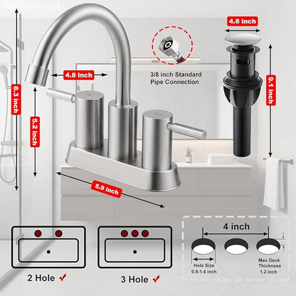 IKEBANA Brushed Nickel Bathroom Faucet, 2 Handle Bathroom Sink Faucets Centerset, 360° Swivel High-Arc Spout Modern 4 inch Bath Faucet Lead-Free for Vanity Lavatory with Pop-up Drain & Water Hoses