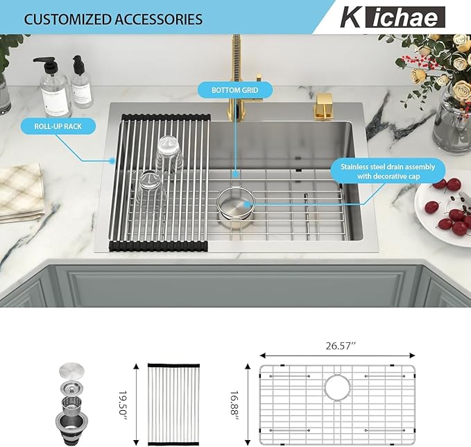 Kichae 30 Inch Drop In Kitchen Sink - Stainless Steel Kitchen Sinks 30x22x9 Inch Topmount Overmount Single Bowl Handmade Basin