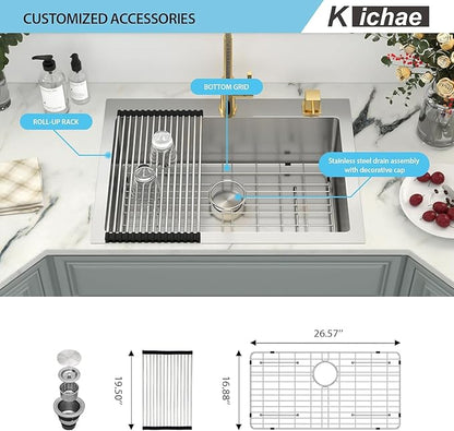 Kichae 30 Inch Drop In Kitchen Sink - Stainless Steel Kitchen Sinks 30x22x9 Inch Topmount Overmount Single Bowl Handmade Basin