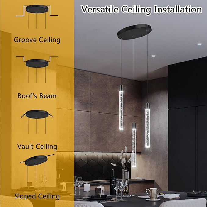 3 Lights Crystal Pendant Lights for Kitchen Island Mini Chandelier Adjustable Hanging Ceiling Light fixtures LED Dimmable Pendant Lighting for Dining Room Hallway