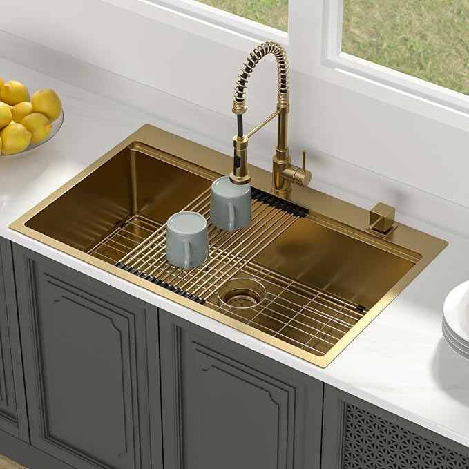 Lordear 36 Inch Drop In Kitchen Sink Matte Gold Stainless Steel 16 Gauge T304 Single Bowl Handmade Topmount Kitchen Sink with Workstation All in One 36x22x10 Inch