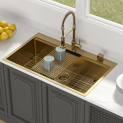 Lordear 36 Inch Drop In Kitchen Sink Matte Gold Stainless Steel 16 Gauge T304 Single Bowl Handmade Topmount Kitchen Sink with Workstation All in One 36x22x10 Inch
