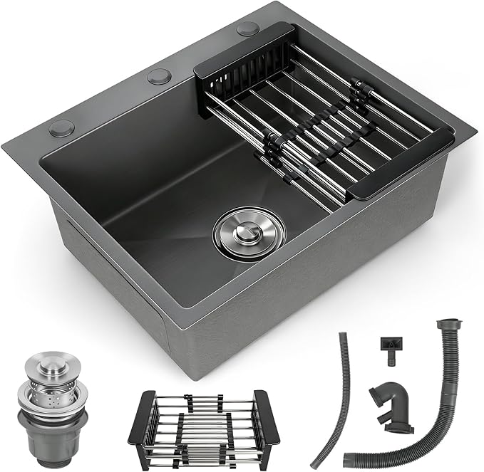 Black Kitchen Sink, Stainless Steel Single Bowl Sink, Drop In/Topmount Workstation Sink with Retractable Drain Basket, for Bar, Kitchen, Balcony, RV (21.6 * 17.7in)
