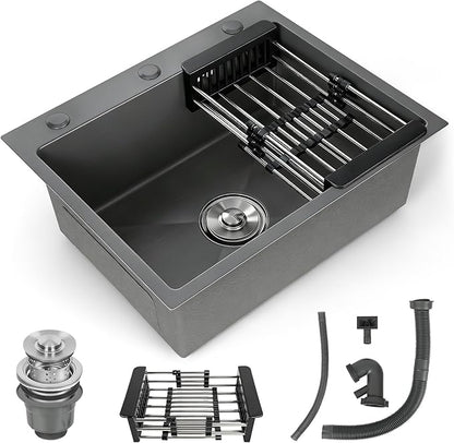 Black Kitchen Sink, Stainless Steel Single Bowl Sink, Drop In/Topmount Workstation Sink with Retractable Drain Basket, for Bar, Kitchen, Balcony, RV (21.6 * 17.7in)