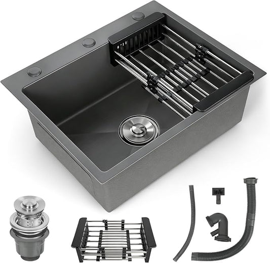Black Kitchen Sink, Stainless Steel Single Bowl Sink, Drop In/Topmount Workstation Sink with Retractable Drain Basket, for Bar, Kitchen, Balcony, RV (21.6 * 17.7in)