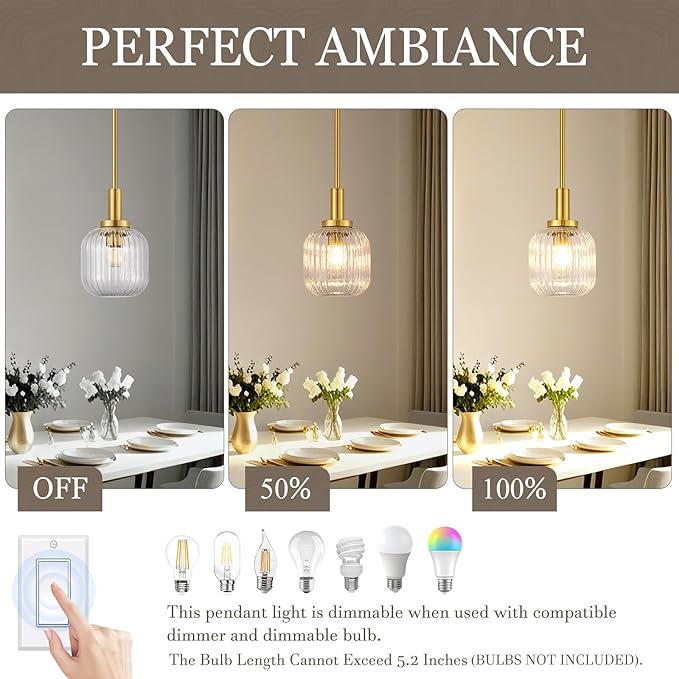 Brushed Gold Pendant Lights Kitchen Island, 1-Light 5.9" Modern Glass Pendant Light with Clear Glass and Rods, Mini Hanging Lighting for Kitchen Sink Bathroom Bedroom, OS-YQ7749-1PBG