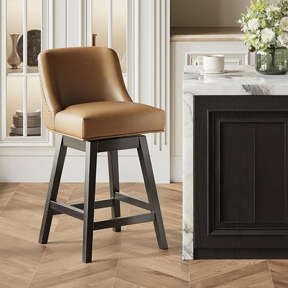 MALOL Swivel Bar Stools, 27" Counter Height Kitchen Stools with Padded Seats and Solid Wood Legs, Leather Barstools for Kitchen Island, Breakfast Nook (Brown)