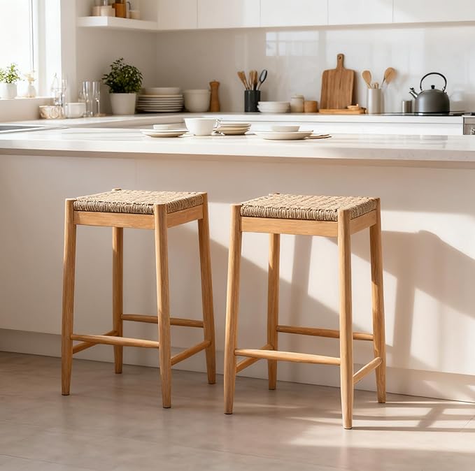 Merax Counter Height Barstools Set of 2, Wood Backless Counter Stools with Acacia Wood Legs and Natural Rattan Seat, 25.8 Inch Bar Stools for Kitchen Island Dining Room