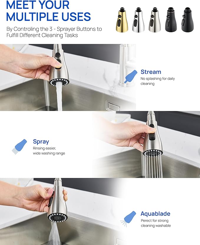 J-HVA Pull Down Kitchen Faucet Sprayer Head Replacement Part with 15 Adapters, 3 Function Pull Out Sink Sprayer Replacement Nozzle, Kitchen Faucet Head Hose Spray Tap Spout, Brushed Nickel