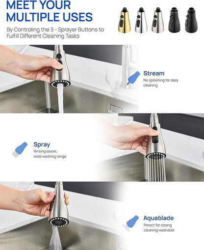 J-HVA Pull Down Kitchen Faucet Sprayer Head Replacement Part with 15 Adapters, 3 Function Pull Out Sink Sprayer Replacement Nozzle, Kitchen Faucet Head Hose Spray Tap Spout, Brushed Nickel