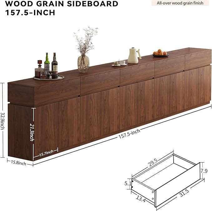 157.5" Buffet Cabinet with Drawers & Door, Console Table, Set of 5 Modular Stackable Sideboard Coffee Bar Cabinet with Adjustable Shelves, Matte Walnut Storage Accent Credenza for Living Room