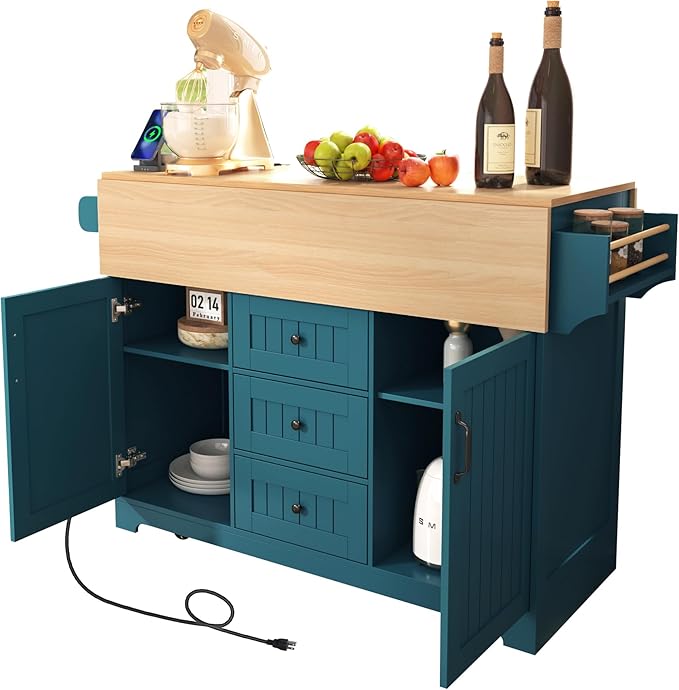 55.7'' Large kitchen Island with 2 Drop Leaf and Power Outlet, Rolling Kitchen Islands on Wheels with 3 Drawers and Storage Cabinet, Folding Dining Table with Spice & Towel Rack for Dining Room Green
