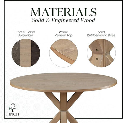 Finch Alfred Solid Wood Round Dining Table for 4, Farmhouse Kitchen and Dining Room Table with Rustic Pedestal Trestle Base, 46.5 Inch, Distressed Beige