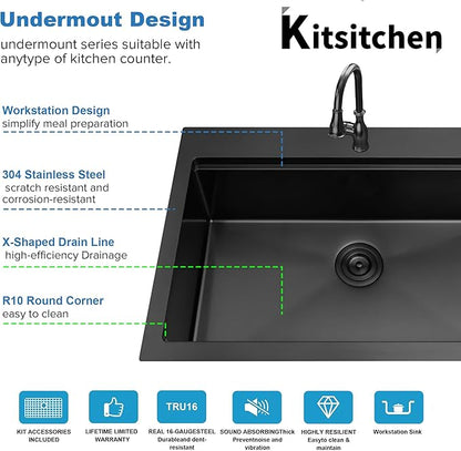 Kitsitchen Black Drop In Kitchen Sink 33x22, 16 Gauge T-304S Stainless Steel Top-Mount Workstaion Sink, 33" x 22" x " Large and Deep Single Bowl Kitchen Sinks with Practical Accessories