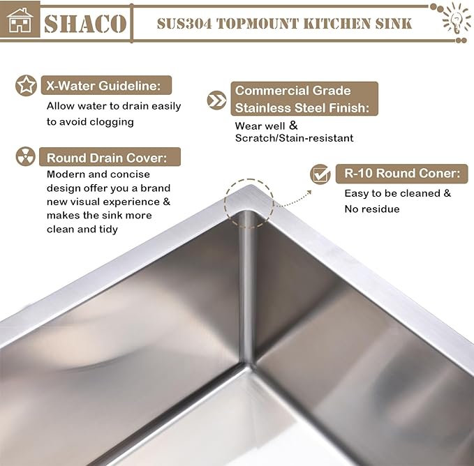 SHACO 21 Inch Drop In Kitchen Sink, 21x20 Inch Topmount Bar Sink 16 Gauge Stainless Steel Workstation Handmade Outdoor Laundry RV Small Prep Basin with Accessories