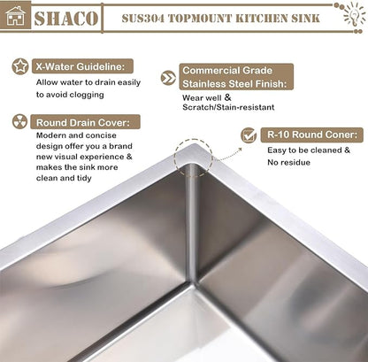 SHACO 21 Inch Drop In Kitchen Sink, 21x20 Inch Topmount Bar Sink 16 Gauge Stainless Steel Workstation Handmade Outdoor Laundry RV Small Prep Basin with Accessories