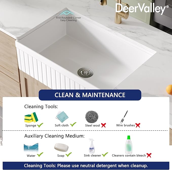 DeerValley 33" L x 20" W Farmhouse Workstation Kitchen Sink, Reversible Fireclay Deep Single Bowl Apron Front Kitchen Sink, White Undermount Farm Sink with Ledge and Accessories