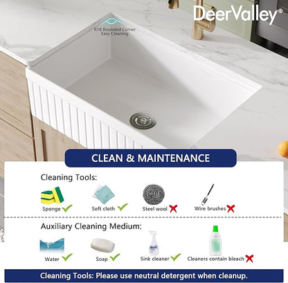 DeerValley 33" L x 20" W Farmhouse Workstation Kitchen Sink, Reversible Fireclay Deep Single Bowl Apron Front Kitchen Sink, White Undermount Farm Sink with Ledge and Accessories