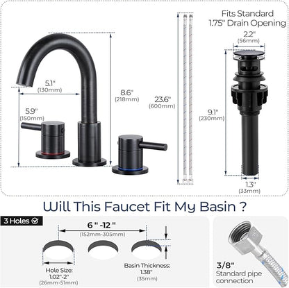 Bathroom Faucet 3 Hole, Oil Rubbed Bronze Bathroom Sink Faucet with Pop Up Drain, 8 inch Widespread Bathroom Faucet with 360° Swivel Spout, 2 Handle Vanity Faucet with Water Supply Hoses