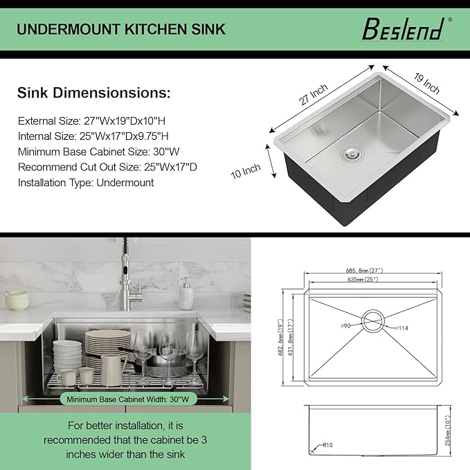27 Undermount Kitchen Sink - Beslend 27x19 Undermount Workstation Kichen Sinks Stainless Steel Single Bowl Ledge Under Counter Sinks16 Gauge 10 Inch Deep Kitchen Stages Basin 27"x19"x10"