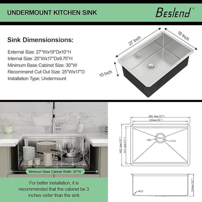 27 Undermount Kitchen Sink - Beslend 27x19 Undermount Workstation Kichen Sinks Stainless Steel Single Bowl Ledge Under Counter Sinks16 Gauge 10 Inch Deep Kitchen Stages Basin 27"x19"x10"