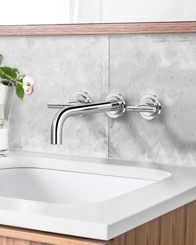 Wall Mount Bathroom Faucet - WOWOW Chrome Bathroom Sink Faucet - 2 Handle Wall Mount Vessel Sink Faucet 3 Holes Elegant Classic Spout Rough in Brass Valve Included