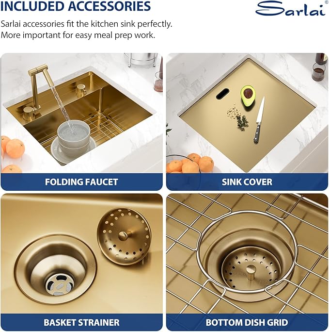 Sarlai Outdoor Sink, 21x19 Inch Gold Undermount Kitchen Sink Workstation with Foldable Faucet Bar Prep Single Bowl Gold Kitchen Sinks16 Gauge Stainless Steel BBQ Sinks with Cover 21"x19"x9“