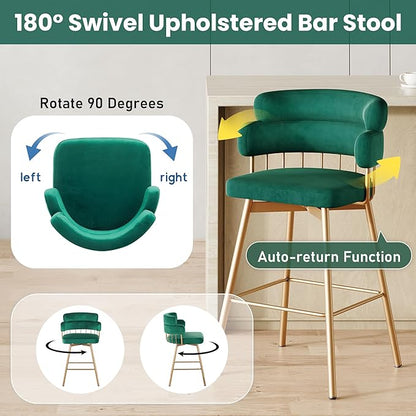 26" Counter Height Bar Stools Set of 2, 180° Swivel Upholstered Bar stools with Backs and Metal Legs, Bar Stools for Kitchen Island, Cafe, Pub,Green