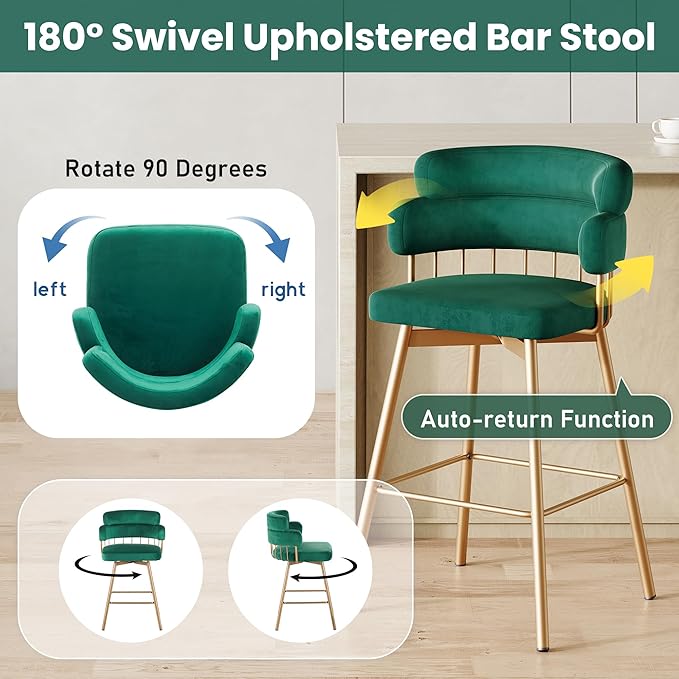 26" Counter Height Bar Stools Set of 2, 180° Swivel Upholstered Bar stools with Backs and Metal Legs, Bar Stools for Kitchen Island, Cafe, Pub,Green