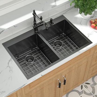 Mocoloo Double Bowl Kitchen Sink Drop in 33 x 22 Sink Gunmetal Black Double Bowl 50/50 Stainless Steel 16 Gauge Handmade, 10'' Deep Sinks