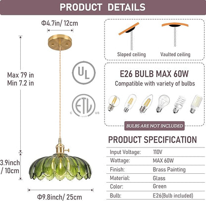 Pendant Lights Kitchen Island,Green Glass Vintage Light Fixtures,9.8inch E26 Adjustable Hanging Light Flower Finish Ceiling Hanging Lamp for Bedroom Living Room Hallway 1 Light