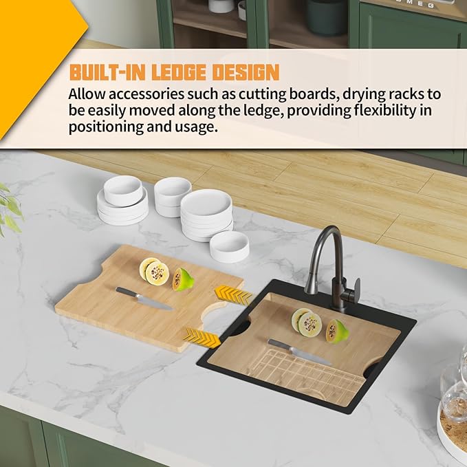 Black Kitchen Sink Workstation,21x20 In Stainless Steel Drop In Single Bowl Bar Sink Built-in Ledge Small Topmount Workstation Sink With Accessory-SS Grid Cutting Board,Silicon Mat,Drain Assembly