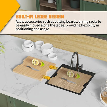 Black Kitchen Sink Workstation,21x20 In Stainless Steel Drop In Single Bowl Bar Sink Built-in Ledge Small Topmount Workstation Sink With Accessory-SS Grid Cutting Board,Silicon Mat,Drain Assembly