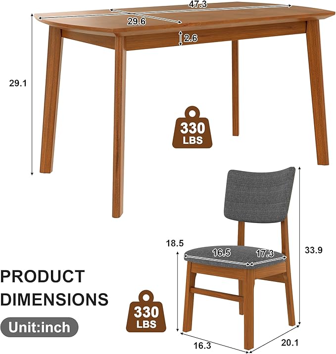 VilroCaz Mid-Century Modern Dining Table Set for 4, Solid Wood Dining Table and 4 Upholstered Chairs, 5 Piece Farmhouse Dining Set for Home, Kitchen, Space Saving (Brown+Gray-1s)