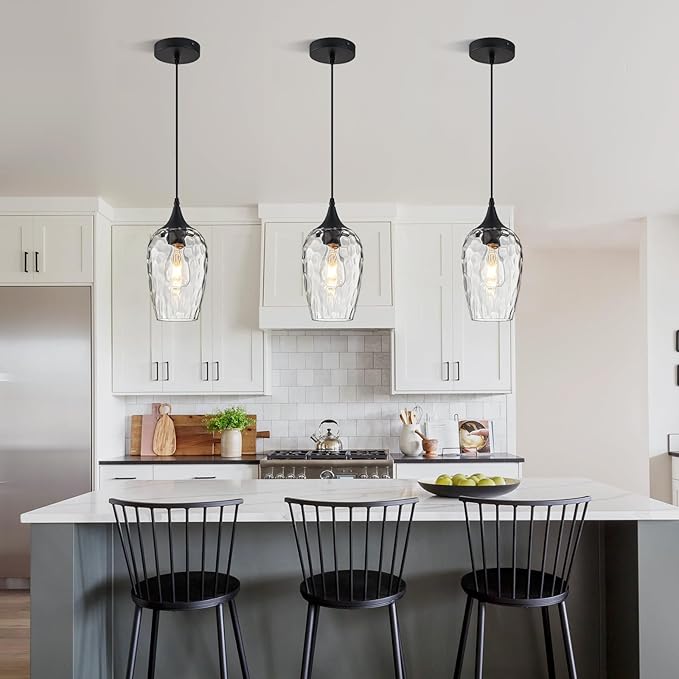 Glass Pendant Lights Kitchen Island 2 Pack, Black Pendant Light Fixtures with Hand-Blown Clear Glass Modem Farmhouse Hanging Light for Kitchen Sink Dining Room Bedroom