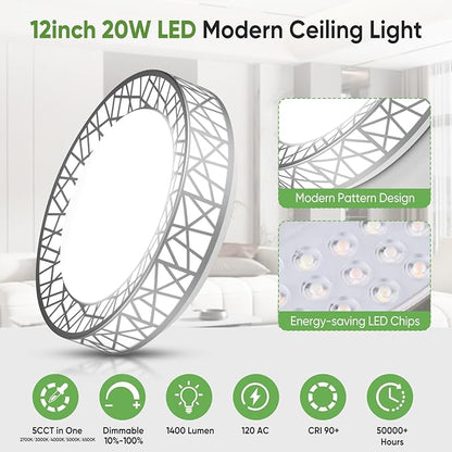 Lightania 12 Inch Flush Mount Ceiling Light, Modern Brushed Nickel LED Ceiling Light Fixture, 20W 1400LM 2700-6500K Adjustable, Dimmable Ceiling Lights for Bedroom, Kitchen, Hallway, Bathroom, ETL
