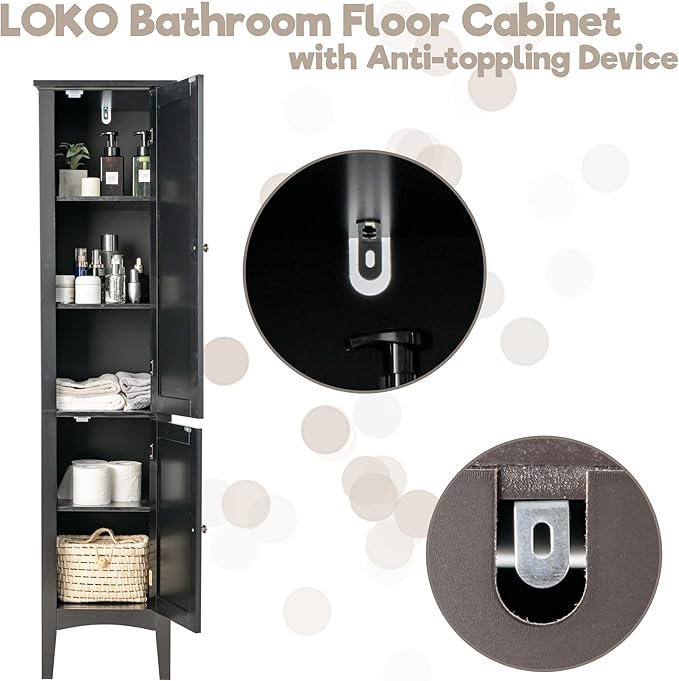 LOKO Tall Bathroom Floor Cabinet, Multifunctional Storage Cabinet with Doors, Narrow Slim Linen Tower for Bathroom, Living Room or Kitchen, 14.5 x 14.5 x 63 inches (Black)