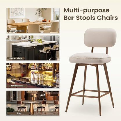 MALOL 26“ Swivel Bar Stools Set of 2, Mid Century PU Leather Counter Height Bar Chairs with Low Back and Metal Legs, Modern Bar Stool Chair for Kitchen Island, Beige