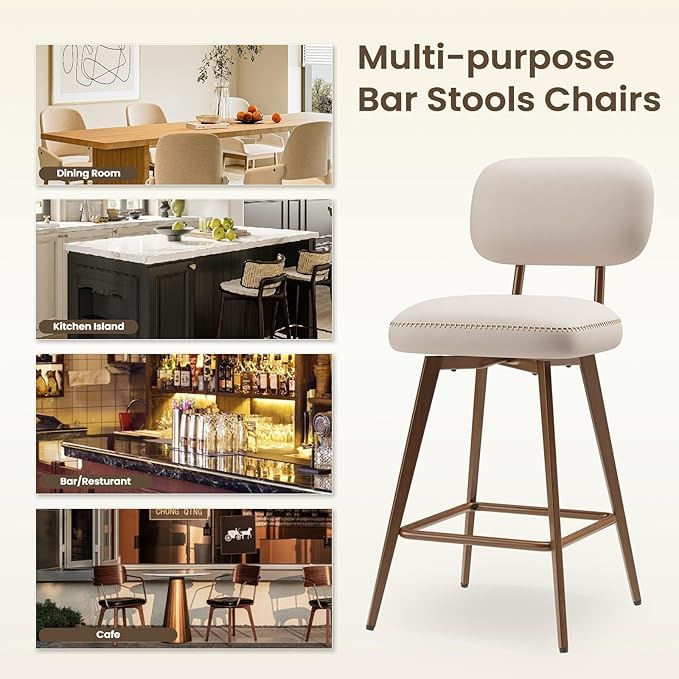 MALOL 26“ Swivel Bar Stools Set of 4, Mid Century PU Leather Counter Height Bar Chairs with Low Back and Metal Legs, Modern Bar Stool Chair for Kitchen Island, Beige