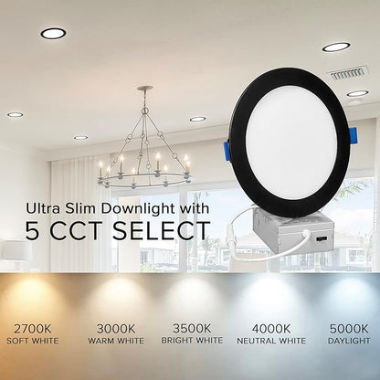 Maxxima 6 in. Ultra-Thin Recessed LED Downlight with Junction Box, Black Trim, 5 CCT Color Selectable (2700K/3000K/3500K/4000K/5000K), Dimmable, 1000 Lumens